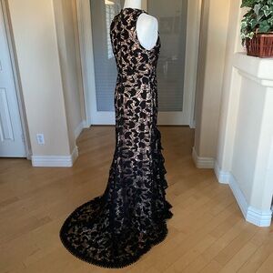 Jarlo London Stunning Black and Cream Embroidered Lace  Gown Flared Train